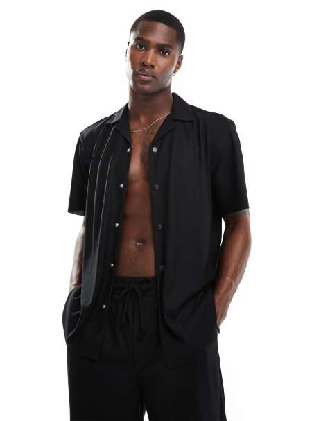 ONLY & SONS - Camicia con collo a rever plissé nera in coordinato - view 1