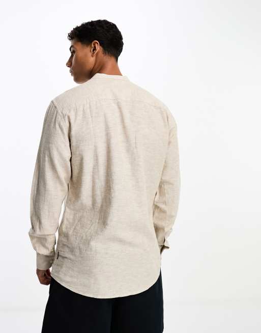 Only & Sons - Camicia con collo serafino beige in misto lino, 2 di 4