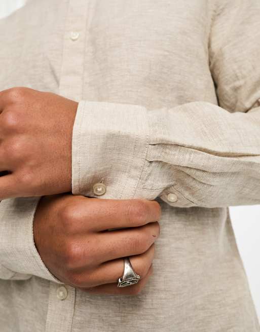 Only & Sons - Camicia con collo serafino beige in misto lino, 4 di 4