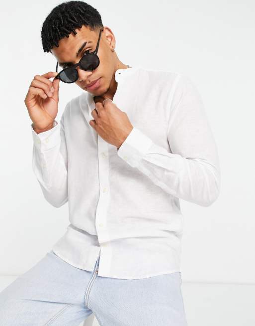 Only & Sons - Camicia con collo serafino in misto lino bianco