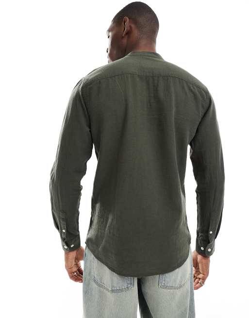 ONLY & SONS - Camicia con collo serafino kaki in misto lino, 3 di 4