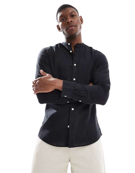 Only & Sons - Camicia con collo serafino nera in misto lino - view 1