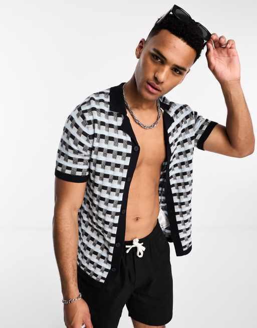Only & Sons - Camicia in maglia blu navy a quadri con rever 