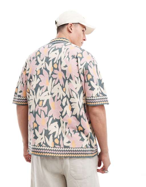 ONLY & SONS - Camicia in maglia rosa con motivo floreale astratto e colletto a rever, 2 di 4