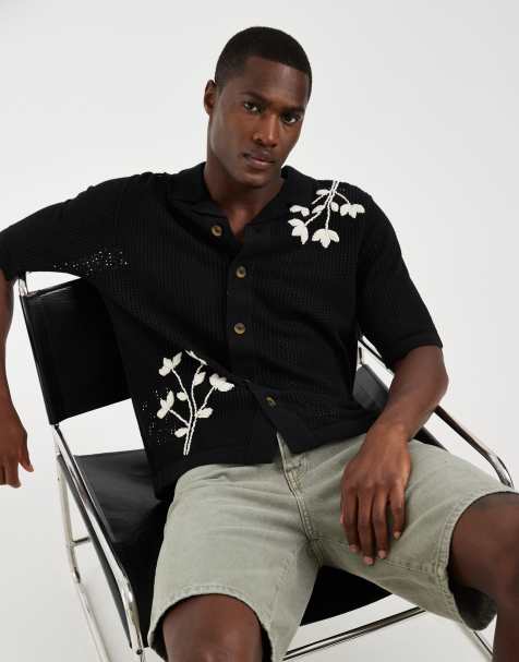 ONLY & SONS - Camicia in maglia traforata nera con ricamo - view 1