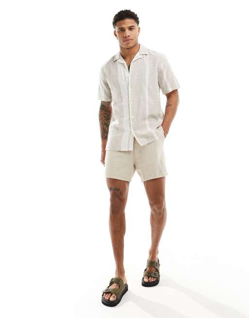 Only & Sons - Camicia in misto lino a righe beige con rever, 3 di 4
