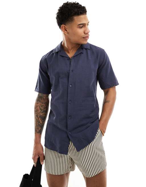 ONLY & SONS - Camicia in misto lino blu navy con rever