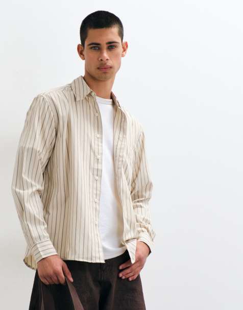 ONLY & SONS camicia in popeline di cotone a righe crema - view 1