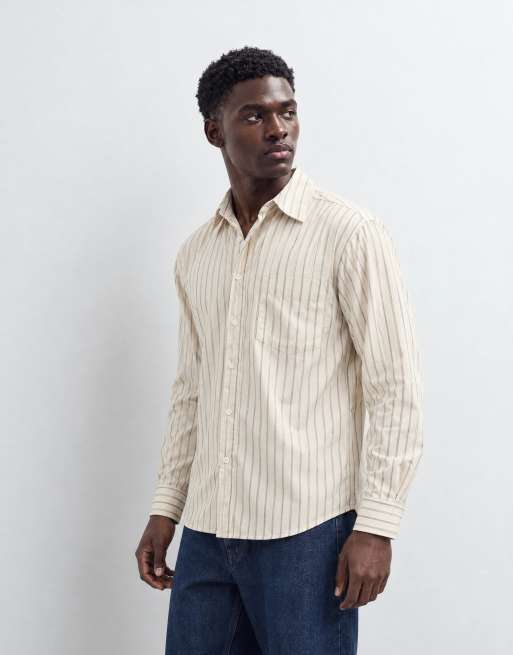 ONLY & SONS camicia in popeline di cotone a righe crema, 9 di 10