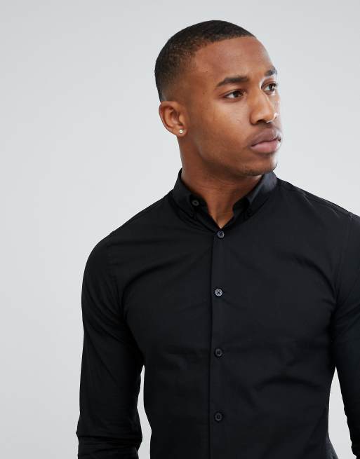 Only & Sons - Camicia in popeline slim stretch nera, 3 di 4