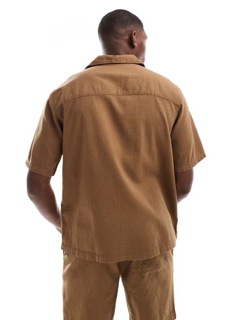 ONLY & SONS - Camicia marrone cioccolato testurizzata a nido d'ape con rever in coordinato, 2 di 4