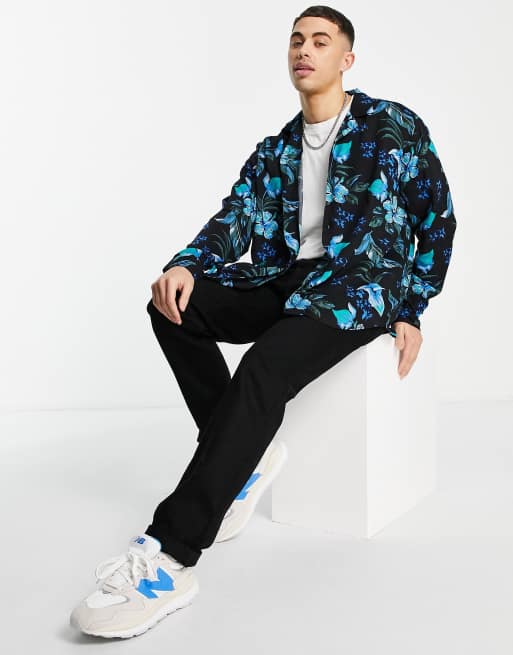 Only & Sons - Camicia oversize blu con stampa a fiori scura e colletto rever