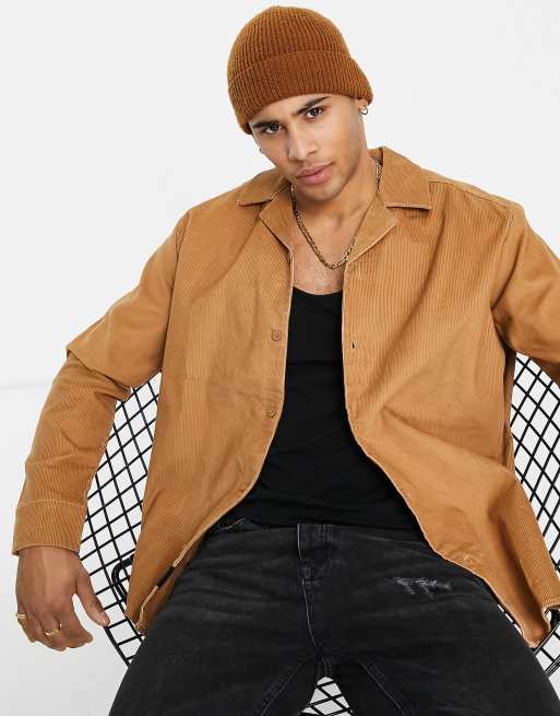 Only & Sons - Camicia oversize in velluto a coste beige con colletto rever