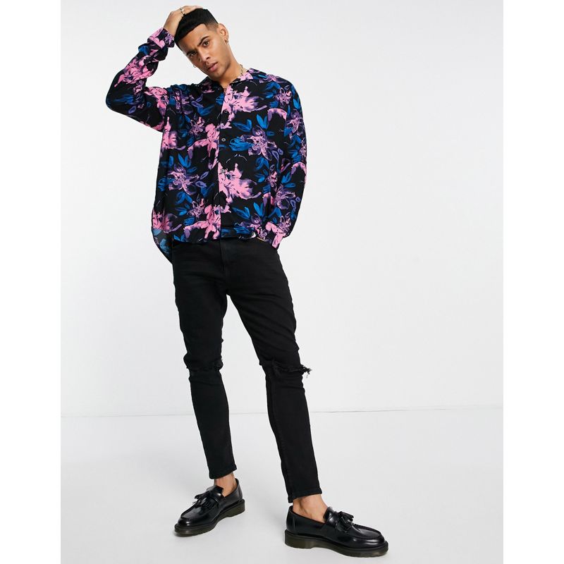 Uomo Camicie stampate Only & Sons - Camicia oversize rosa con stampa a fiori scura e colletto rever