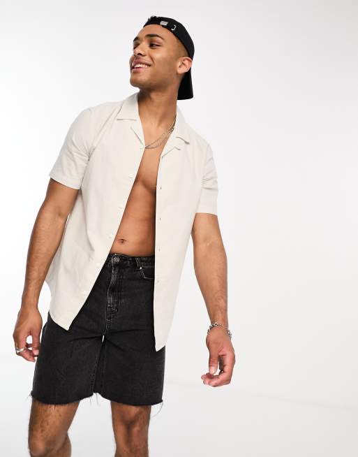 Only & Sons - Camicia Oxford a maniche corte color pietra con colletto con rever 