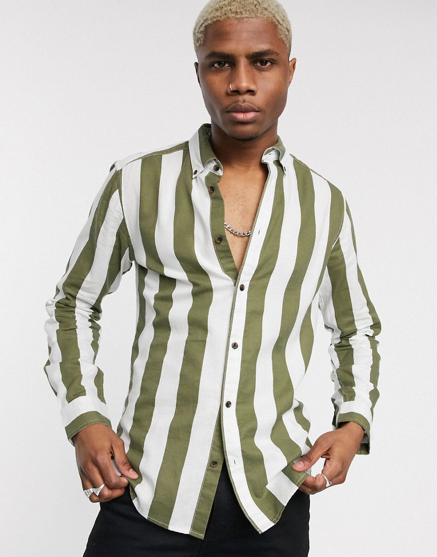 Only & Sons - Camicia slim button-down verde a righe larghe