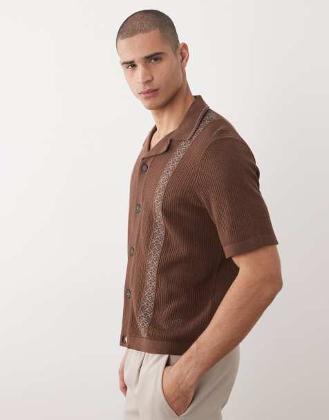 ONLY & SONS - Camicia squadrata in maglia marrone con dettagli blu - view 1