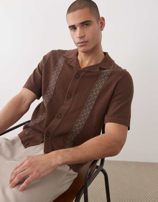 ONLY & SONS - Camicia squadrata in maglia marrone con dettagli blu