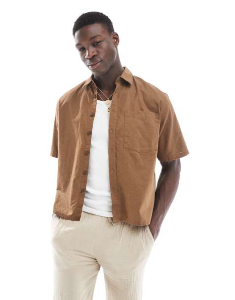 ONLY & SONS - Camicia squadrata in misto lino marrone - view 1