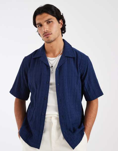 ONLY & SONS - Camicia testurizzata vestibilità classica blu navy con colletto stile resort - view 1