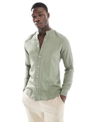 ONLY & SONS - Camicia verde salvia in misto lino con collo serafino - view 1