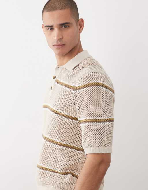 ONLY & SONS - Camicia vestibilità comoda in maglia traforata color crema con righe kaki e marroni, 4 di 5