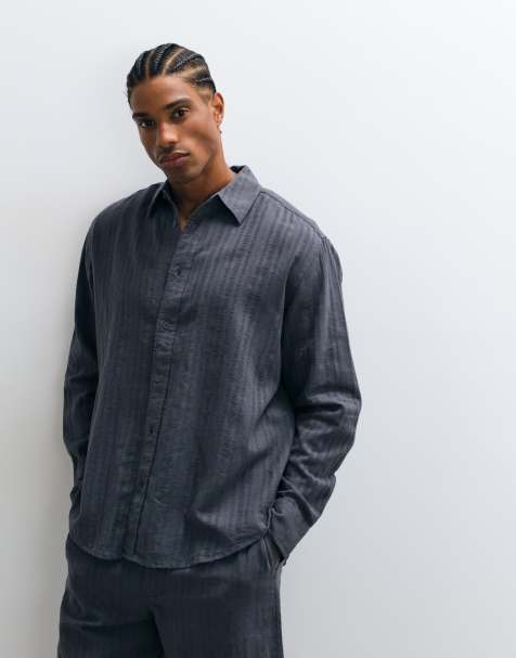 ONLY & SONS - camisa de manga larga texturizada de mezcla de lino para conjunto en azul lavado - view 1