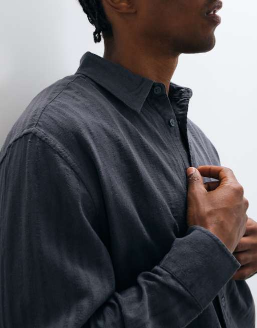 ONLY & SONS - camisa de manga larga texturizada de mezcla de lino para conjunto en azul lavado, 3 de 5