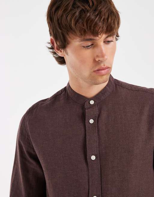 ONLY & SONS - Camisa marrón con cuello mao de mezcla de lino, 3 de 5