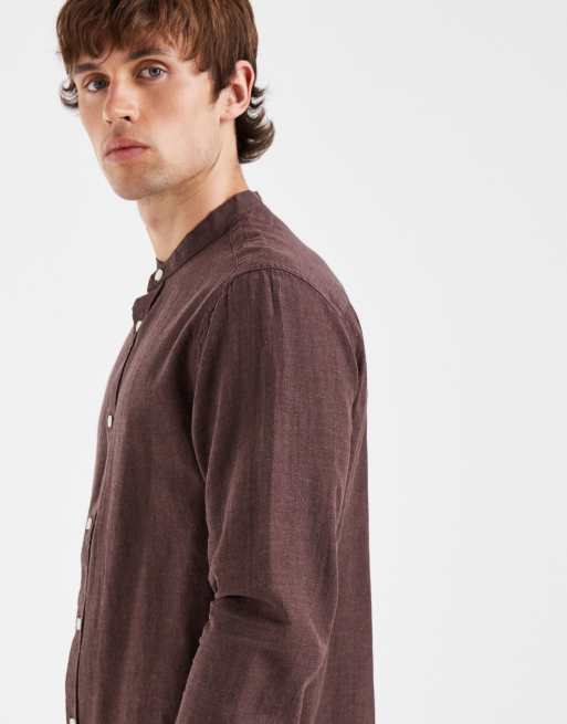 ONLY & SONS - Camisa marrón con cuello mao de mezcla de lino, 4 de 5