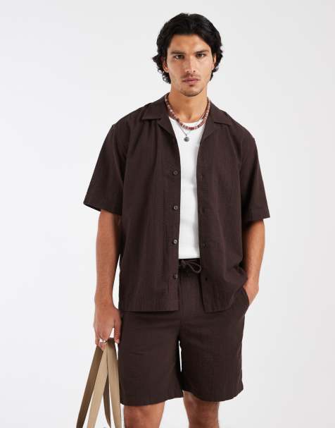 ONLY & SONS - Camisa marrón oscuro holgada con cuello resort de sirsaca (parte de un conjunto) - view 1