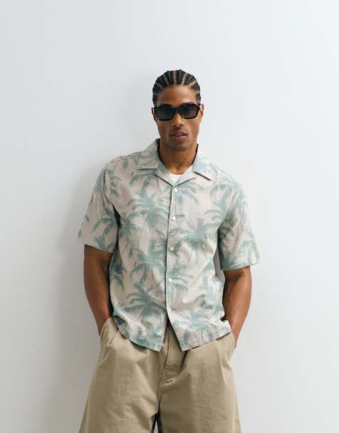 ONLY & SONS - Camisa resort verde con estampado de palmeras de lino - view 1
