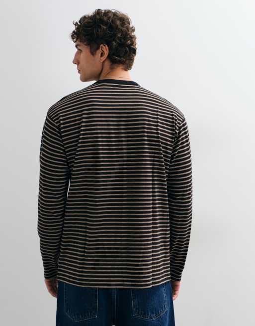 ONLY & SONS camiseta de manga larga holgada con cuello redondo a rayas negras y crema, 3 de 5