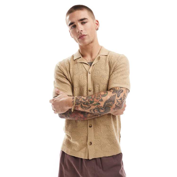 ONLY & SONS camp collar open knit shirt in tan | ASOS