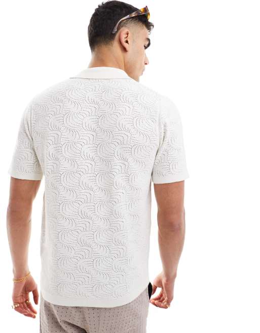 Only & Sons camp collar open knit shirt in white 