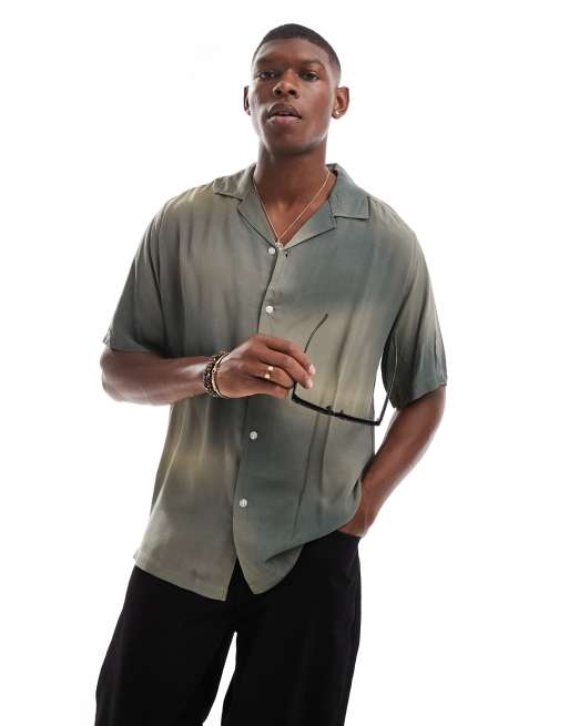 ONLY & SONS camp collar shirt with distorted print in green