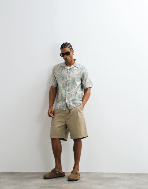 ONLY & SONS camp collar shirt with linen with green palm print, 2 of 5