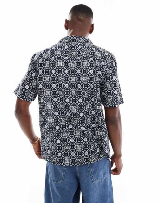 ONLY & SONS camp collar shirt with tile paisley print in navy, 4 of 4