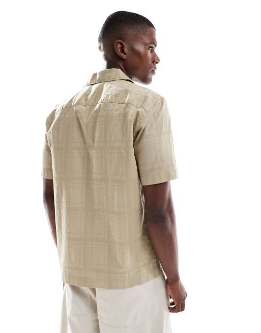 ★★ ★★ Men's Beige Camp Collar Textured Short Men's Beige Knit Textured Camp Collar Shirt - Wessi