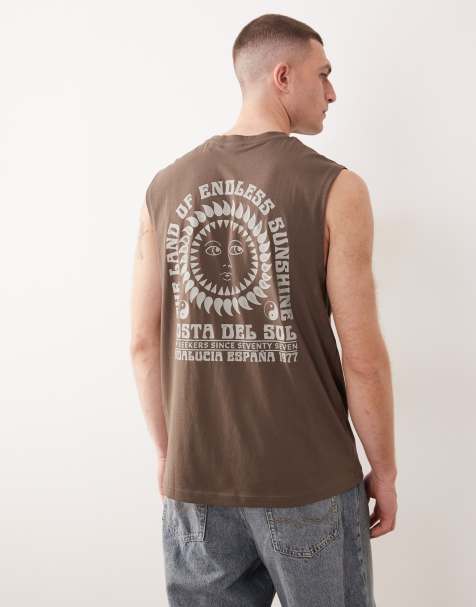 ONLY & SONS - Canotta oversize marrone con stampa di sole sul retro - view 1