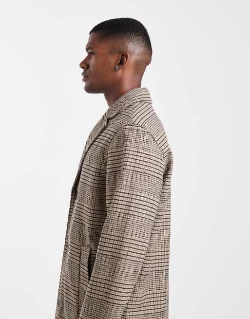 ONLY & SONS - Cappotto lungo marrone pied de poule con spalle scese, 4 di 5