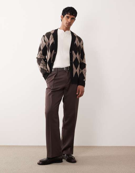 ONLY & SONS - Cardigan marrone a losanghe con spalle scivolate, 2 di 5