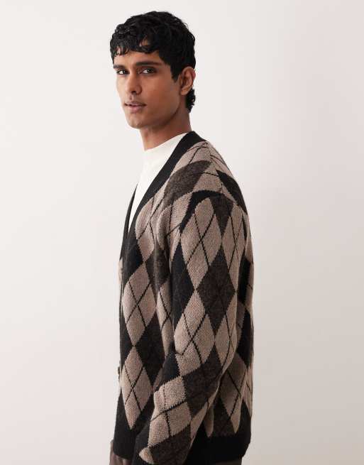 ONLY & SONS - Cardigan marrone a losanghe con spalle scivolate, 4 di 5