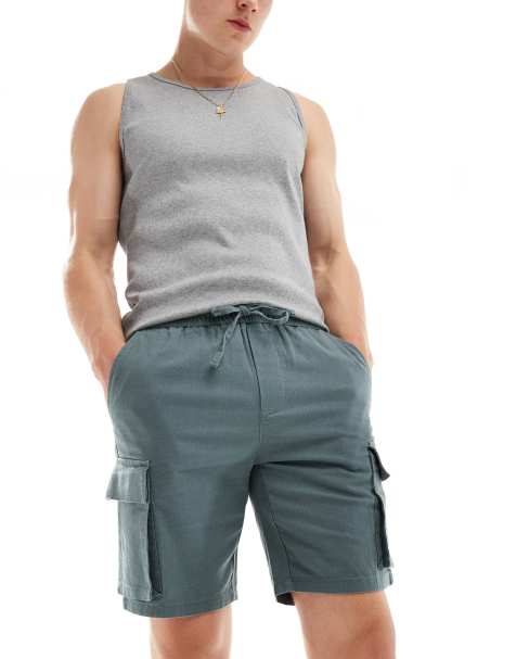 Only & Sons – Cargo-Shorts zum Hineinschlüpfen aus Leinenmix in Blaugrün - view 1