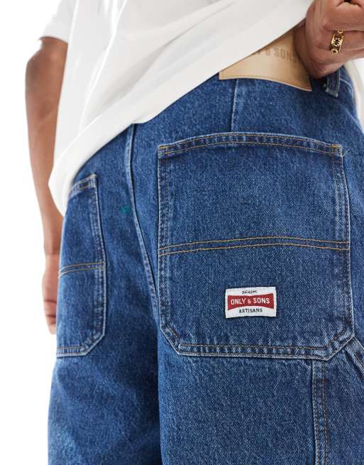 ONLY & SONS carpenter denim shorts in mid blue denim, 4 of 5