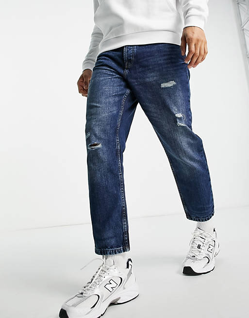 Only & Sons carrot cropped jeans with rips in mid blue