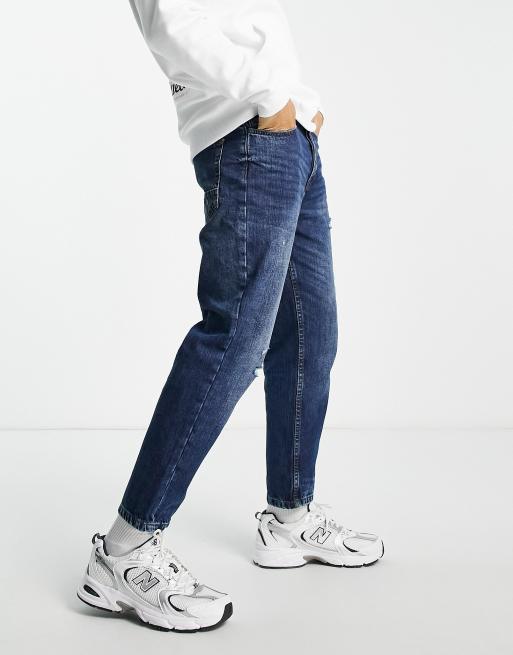 Only & Sons carrot cropped jeans with rips in mid blue