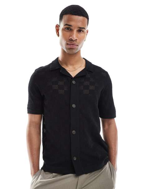 ONLY & SONS check crochet shirt in black