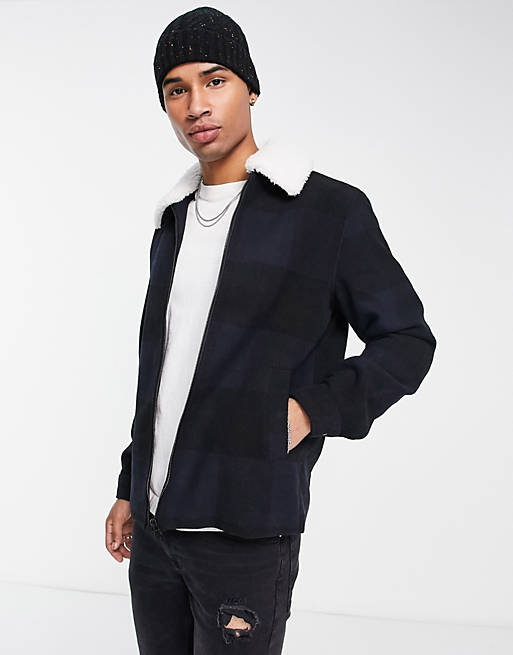Only & Sons check jacket with borg collar in black & dark navy | ASOS