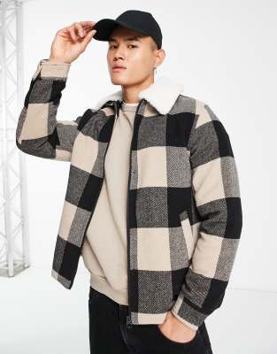 Only & Sons check jacket with borg collar in black & stone - ASOS Price Checker